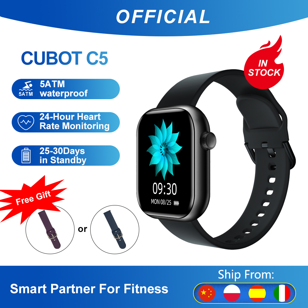 

Cubot C5 5ATM Waterproof SmartWatch Heart Rate Calorie Monitor Touch Fitness Tracker Sport Smart Watch for Men Women Android IOSg, Black