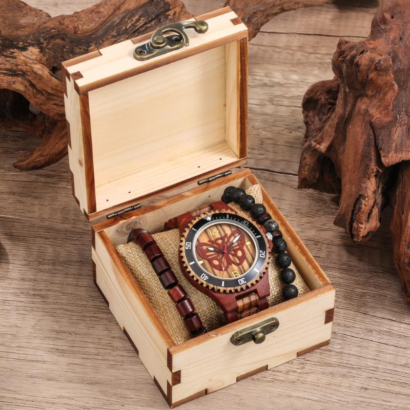 

Wristwatches Retro Nostalgic Men's Quartz Watch Fashion Bead Bracelet Gift Set With Box Full Wooden Band Butterfly Dial Clock Man Wristwatch, Gift for men-468