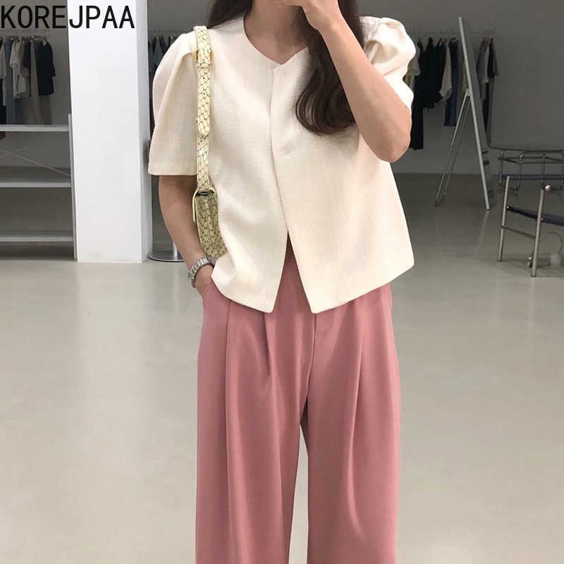 

Korejpaa Women Sets Summer Niche Round Neck Loose Short-Sleeved Cardigan Top High-Waist Pleated Wide-Leg Casual Trousers 210526