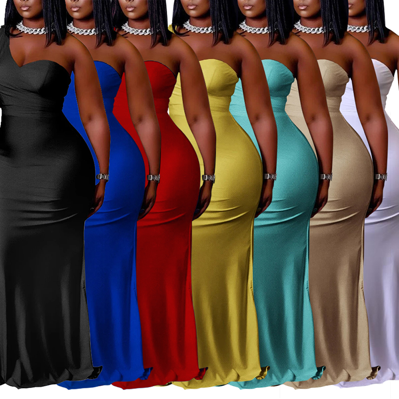 

Womens Party Dresses One Shoulder Sleeveless Solid Dress Temperament Slim Evening Dress Various Color Styles -5XL, White