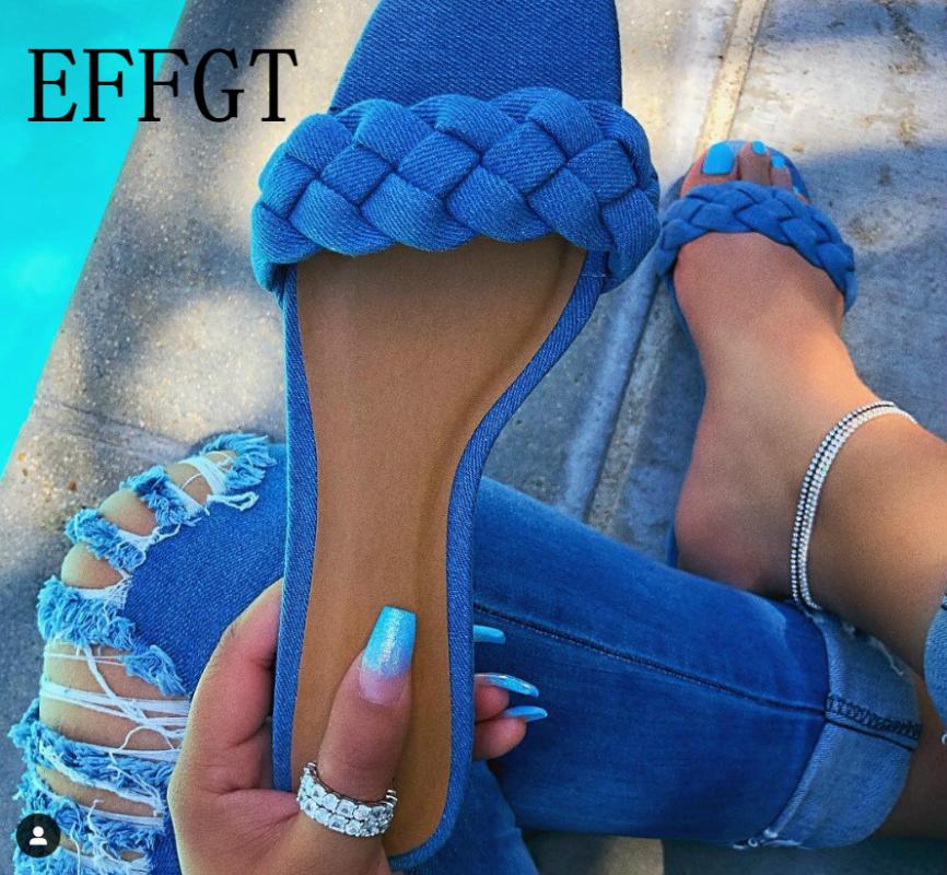 

Slippers EFFGT Women Denim Twist Braid Flat Slipper Summer Open Toe Ladies Beach Slip On Sandals Light Woman Shoes, Black