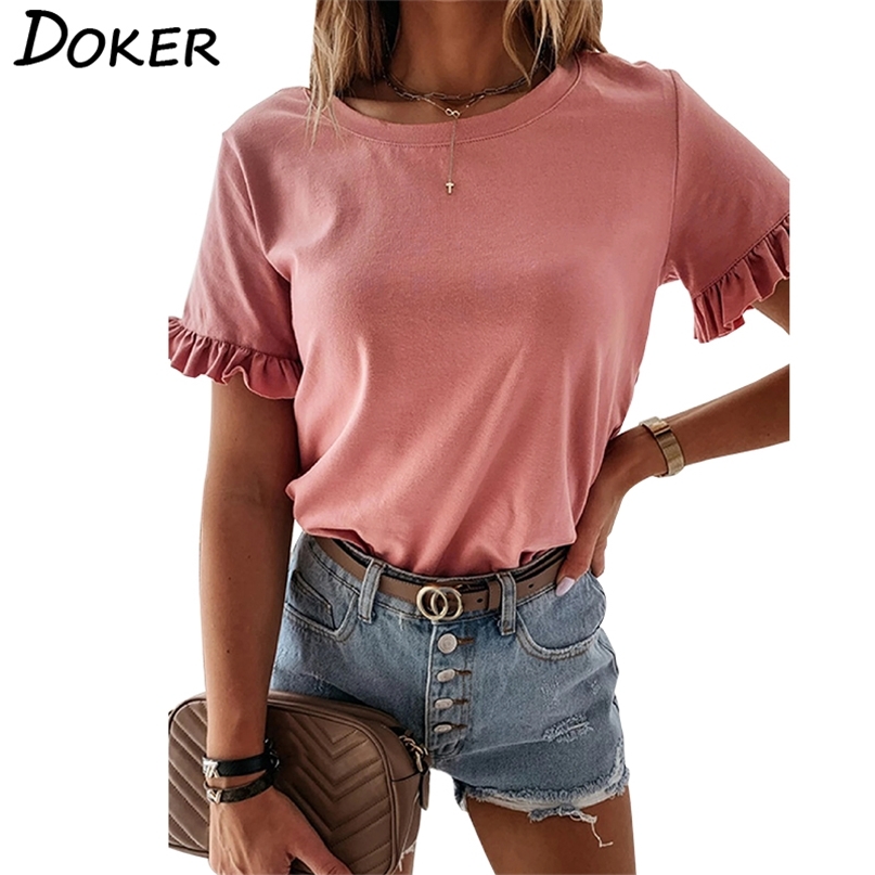 

Summer Ruffle Short Sleeve O Neck Solid Color Women T Shirt Casual Loose Streetwear Plus Size Office Female Tops 210603, Light grey