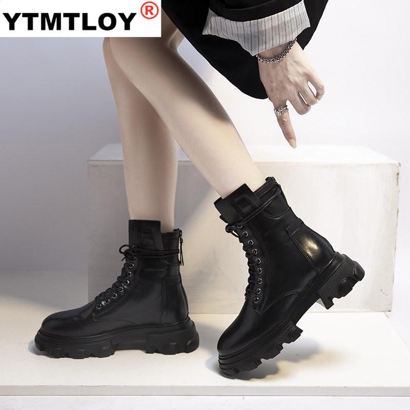 

Boots Fashion Leather Ankle for Women Motorcycle Black Platform Thick Heel Winter Shoes Booties LCTB
