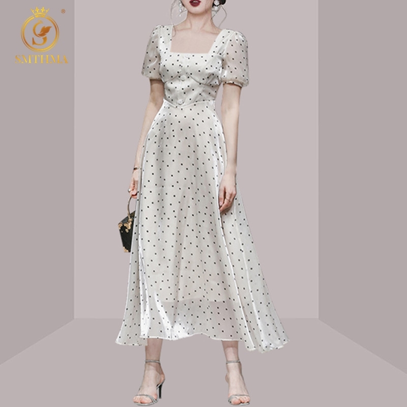 

Summer Women Long Dress Women's Puff Sleeve Sexy Dot Boho Big Swinging Holiday Clothes Vestidos 210520, Photo color