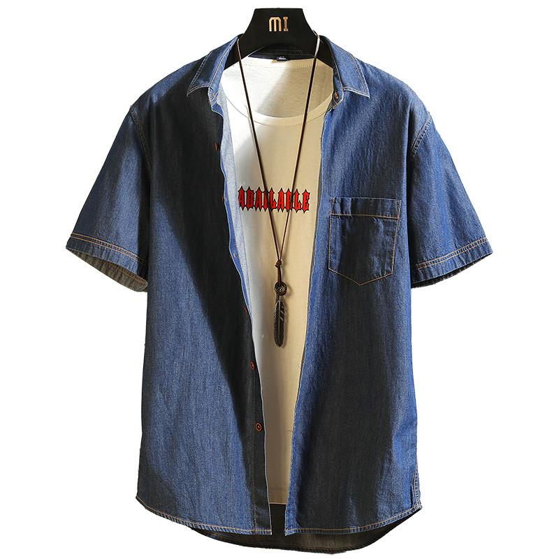 

Japanese Men's Short Sleeve Shirt Youth Business Leisure Washing Jeans Pure Cotton Blue Cowboy Men 2021 Casual Shirts, Zhonglan