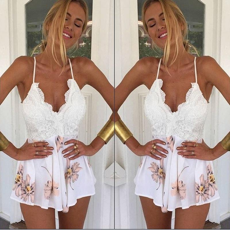 

lace up floral beach shorts womens rompers strap backless cross, Black;white