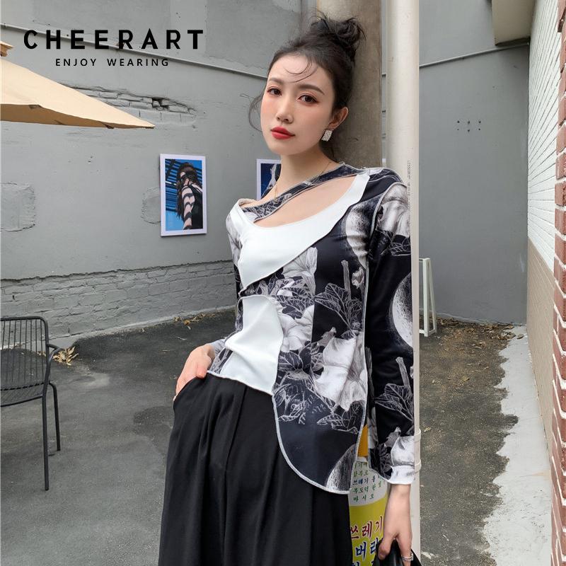 

Women's Blouses & Shirts CHEERART Autumn Patchwork Long Sleeve Women Top And Blouse Cut Out Designer Floral Knitted Fall 2021 Fashion Clothe, White