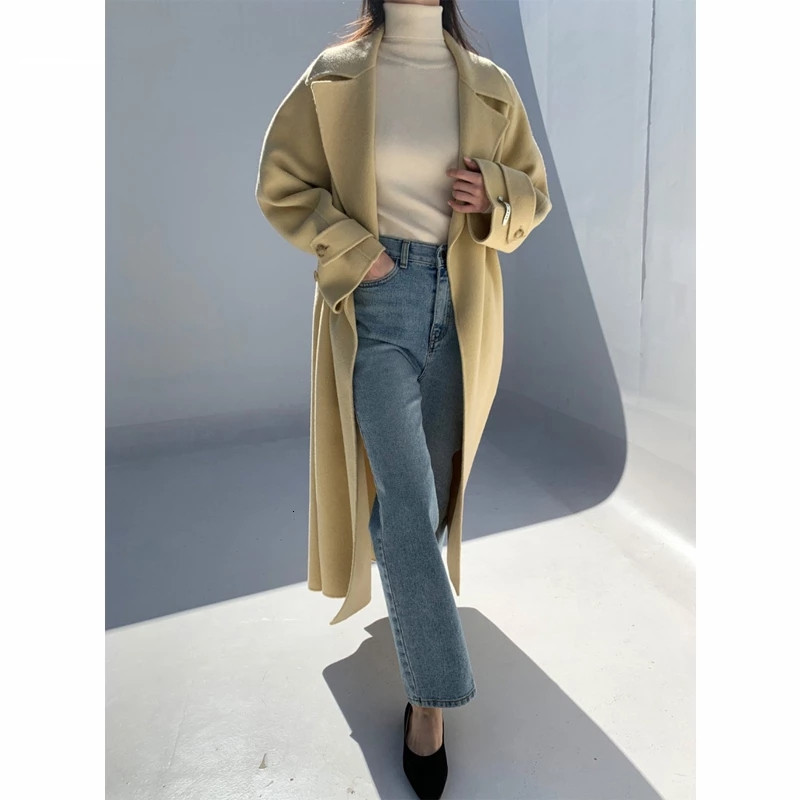 

Women's Trench Coats 2021 winter jacket weighed women's solid warmth mixed basic coat lace slit woolen, Black