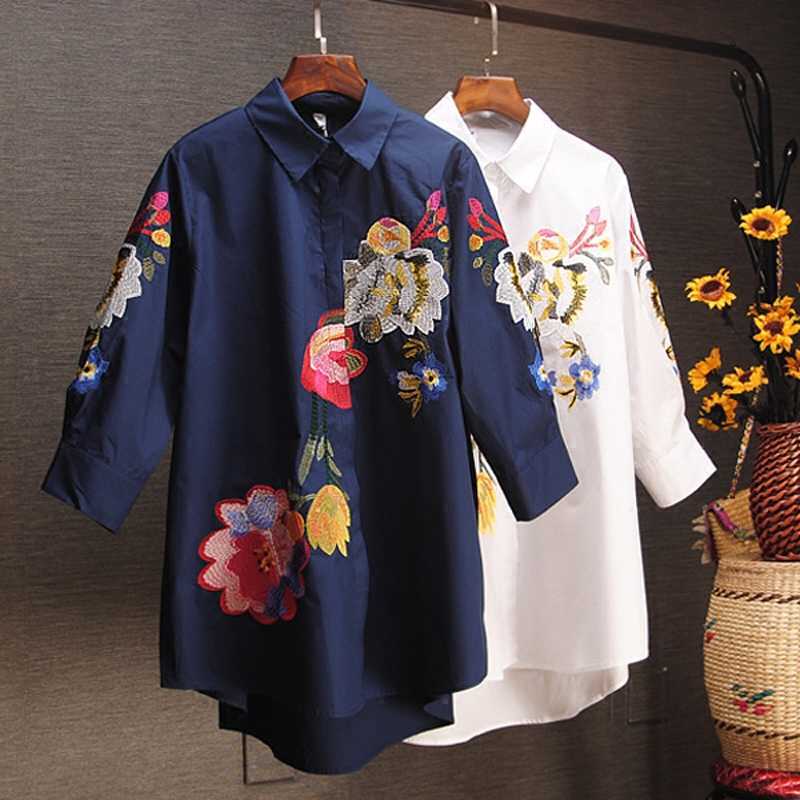 

Spring and Summer Elegant Women Shirts Embroidery Loose Casual Seven-Sleeve Large Size Clothes 210615, White