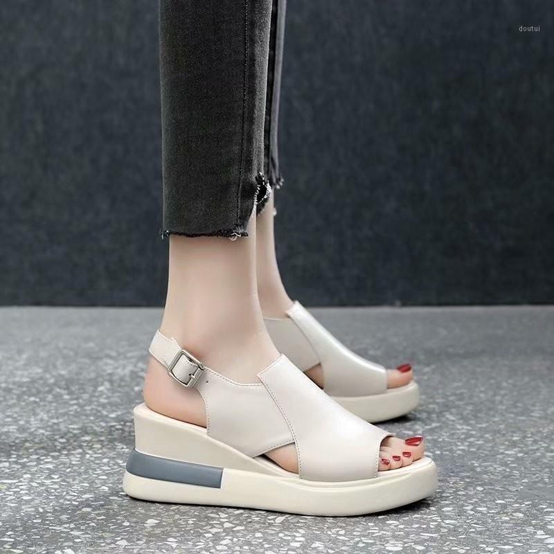 

Dress Shoes Thick-soled Sandals Women's Slope With 2021 Summer Korean Version Of The Hollow Fish Mouth Roman High Heels, Beige