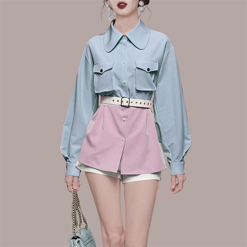

High Quality fashion Runway Autumn Temperament Shirt Women Hit color patchwork Long Sleeve Office OL Blouse Top whit Belt 210519, Photo color