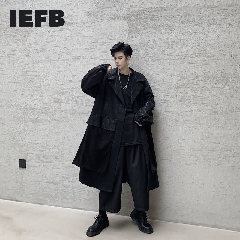 

IEFB /men's wear mid-length windbreaker coat springlapel Jacquard fabric pattern split big pocket trech coat 9Y3965 210524, As shown in figure