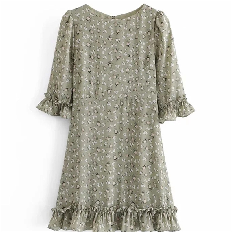 

Green Floral Print Dress Summer Petal Sleeve O-Neck Ruffles Mini Streetwear Casual 210524, As the photo