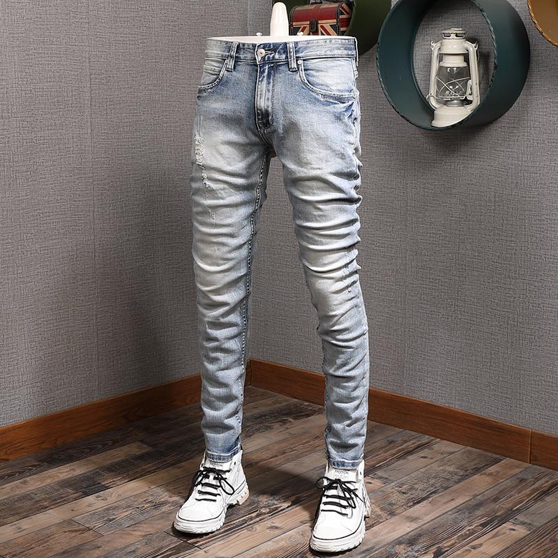 

Men's Jeans Italian Style Fashion Men Jesns Retro Light Gray Blue Elastic Cotton Slim Fit Ripped For Vintage Designer Denim Pants