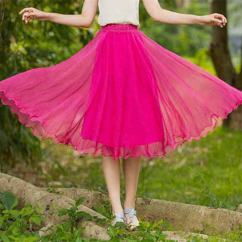 

Royal Blue Chiffon Transparent Skirt Mid-calf Summer High Waist Tulle for Lady A-Line Swing Long Black Pleated 210604, White