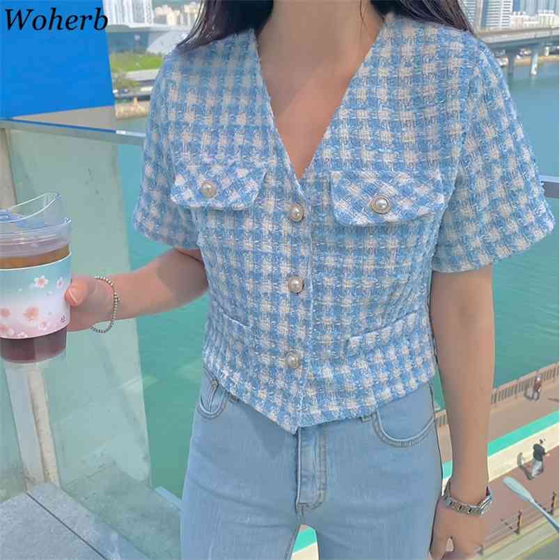 

Tweed Korean Vintage Women Coat Summer Short Sleeve V-neck Single Breasted Pockets Ladies Fashion Jacket Tops Femme 210519, Apricot