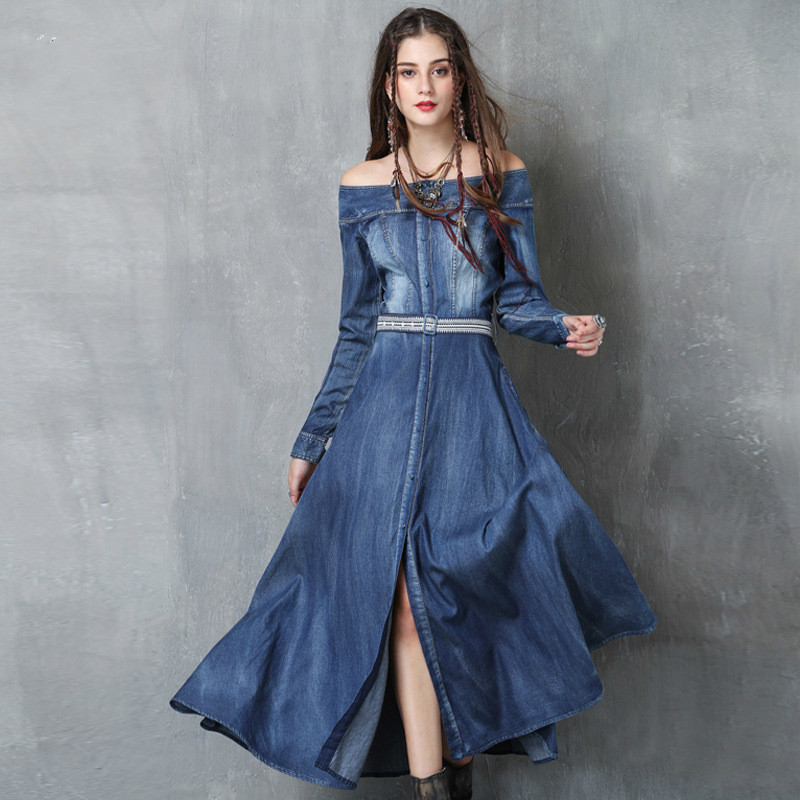

Johnature Slash Neck Denim Dress Women Clothes Autumn Embroidery Vintage Loose Pockets Full Sleeve Women Dresses 210521, Blue