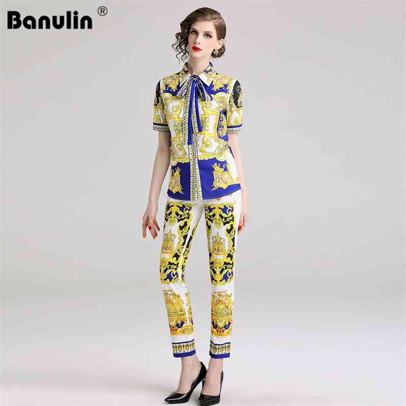 

Summer Women Runway Suits Short Sleeve Vintage Print Shirt + Long Pants Bow Elegant two 2 Piece Set outfits N66618 210603, Mixed color