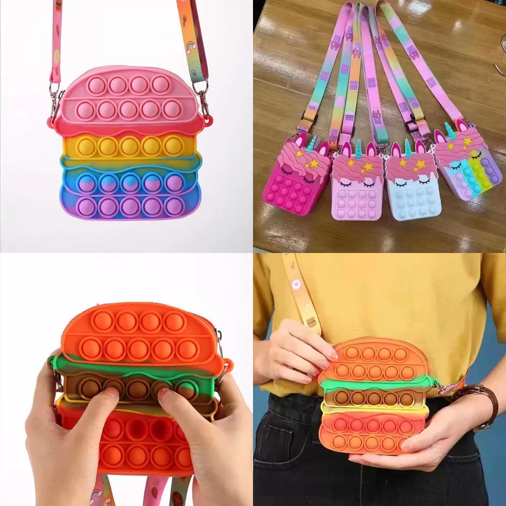 

Kids Hamburger Unicorn Cartoon Fidget Chain Bag Poppet Bubble Toys Purses Backpack Crossbody Bags Push Pop Puzzle Board Boys Girls Christmas Party Gift