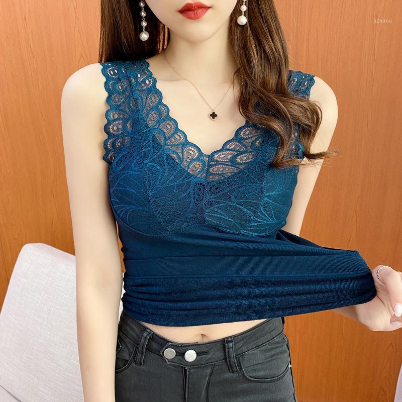 

Camisoles & Tanks Women 2021 Autumn Winter Solid Color Slim Vest Tops Female Lace V-neck Sleeveless Ladies Thermal Underwear E108, Blue