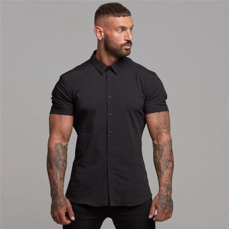 

Summer Fashion Man Short Sleeve Solid Fitness Mens Turn-down Collar Super Slim Fit Business Shirt Button Gym Tops, White;black