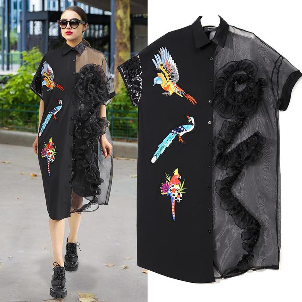 

Summer Women Black Midi Mesh Shirt Dress Plus Size Ruffle Bird Embroidery Lady Sheer Cute Dress Party Dress Robe Style One Sizedesigner