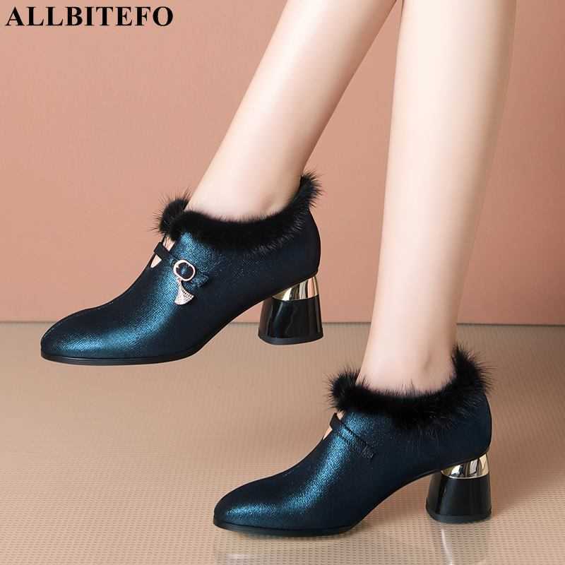 

ALLBITEFO size 33-42 Mink hair design sheepskin genuine leather women heels plush inside party wedding shoes high heel shoes 210611, As picture