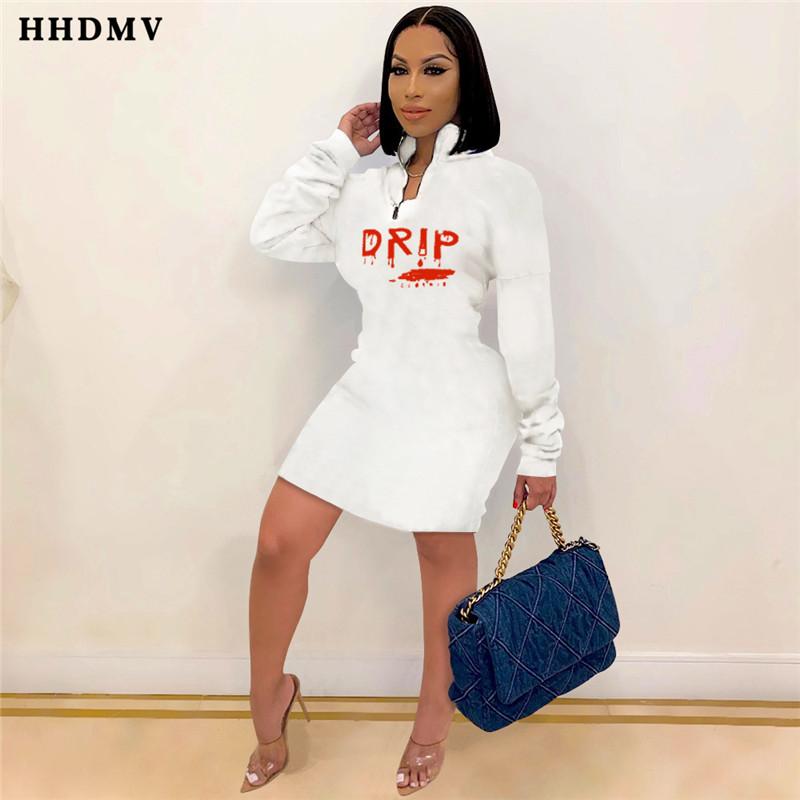 

Casual Dresses HHDMV 2021 Spring Fashion Street Girl Style Short Long Sleeve Lapel Zipper Printed Mini, White