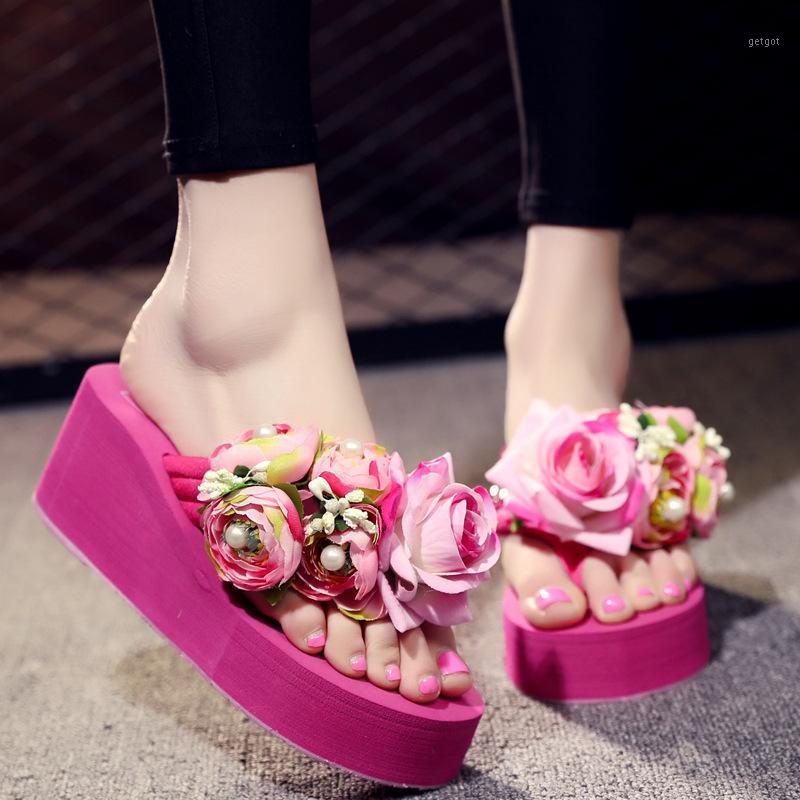 

Slipper Women Fashion Wedges Cute Flip-flops Non-slip High Heels Flower Platform Beach Shoes Slippers, Black