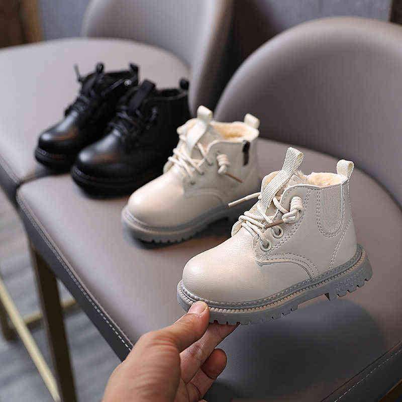 

Autumn Winter Plus Velvet Warm Martin Boots Kids Shoes for Girl Solid Color Fashion Snow Boots PU Leather Children Boys Shoes 211108, Beige