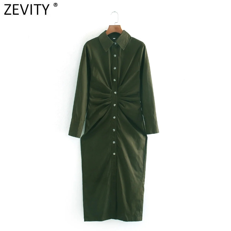 

ZEVITY women fashion solid pleats shirt dress office ladies long sleeve single breasted vestido chic casual slim dresses DS4468, Xn ds4468h