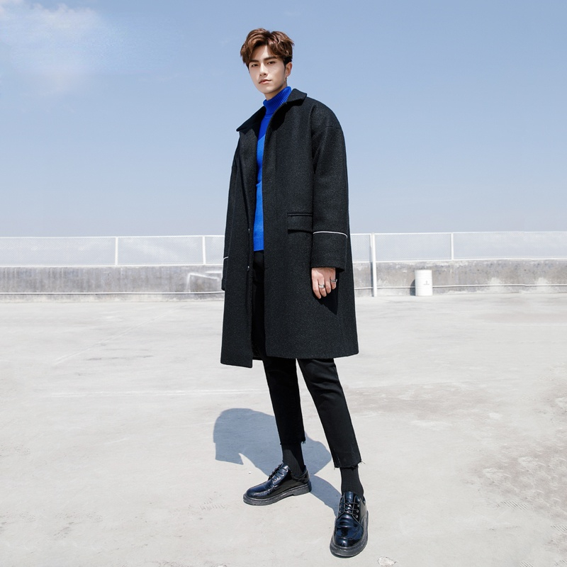 

2021 Men's New Winter Korean Style Cotton Solid Color Woollen Coat Buttoned Loose Casual Medium Length Ins Cool Windbreaker, Black