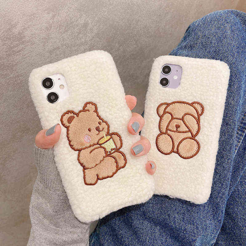 

Cute Bear Warm Lamb Plush Fabric Phone Case For iphone 12 11 13 Pro Max 6 6s 7 8 plus X XR XS Max Fuzzy Soft Back Cover Case H1112, Style1