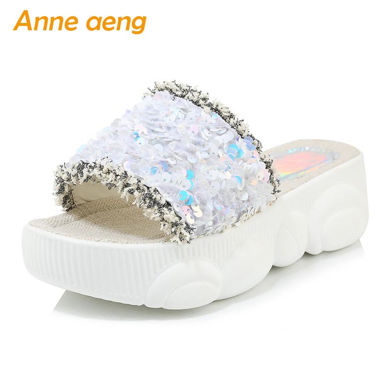 

Slippers Summer Women High Flats Heel Bling Comfortable Platform Shoes White Slides Outdoor Big Size 33-46, Black