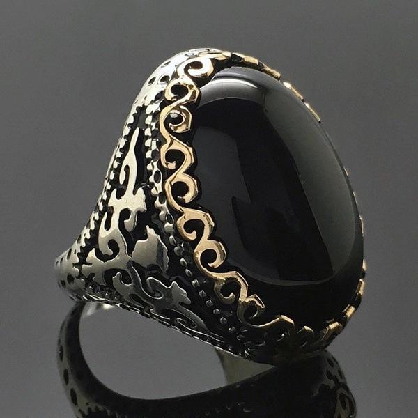 

Lockets Real Solid S925 Sterling Silver Color Obsidian Ring For Women Men Fine Anillos De Bizuteria 925 Jewelry Black Gemstones