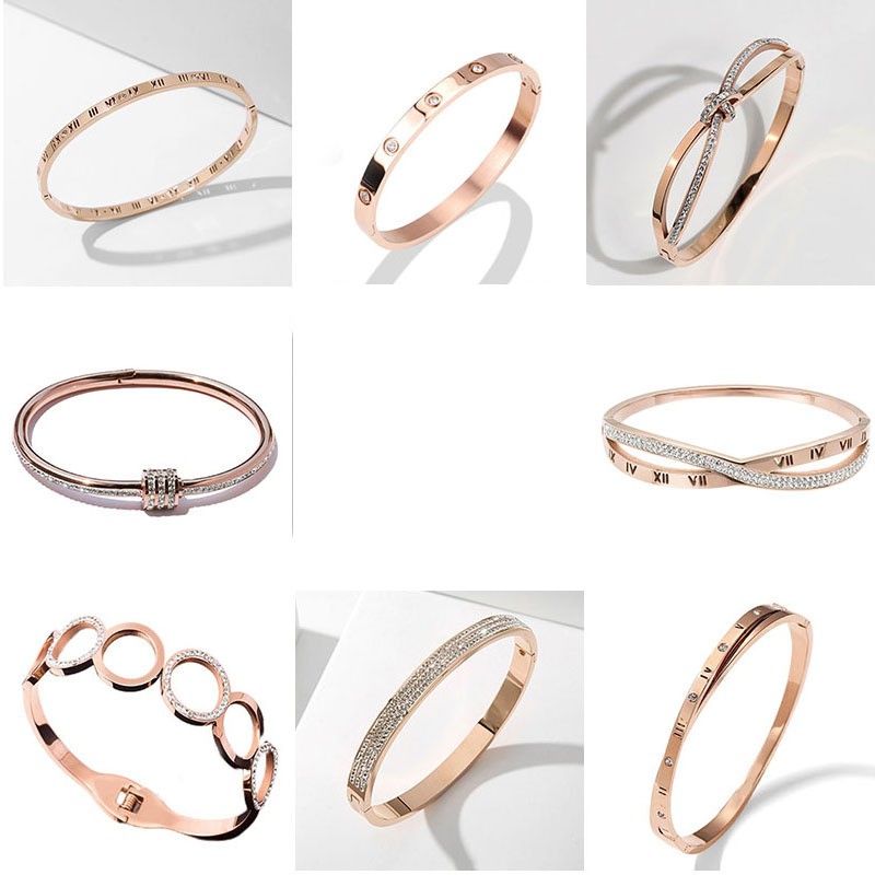 

Luxury Deisgn Rose Gold Plated CZ Micro Pave Opening Bangle Roman Numerals Engraved Bracelet