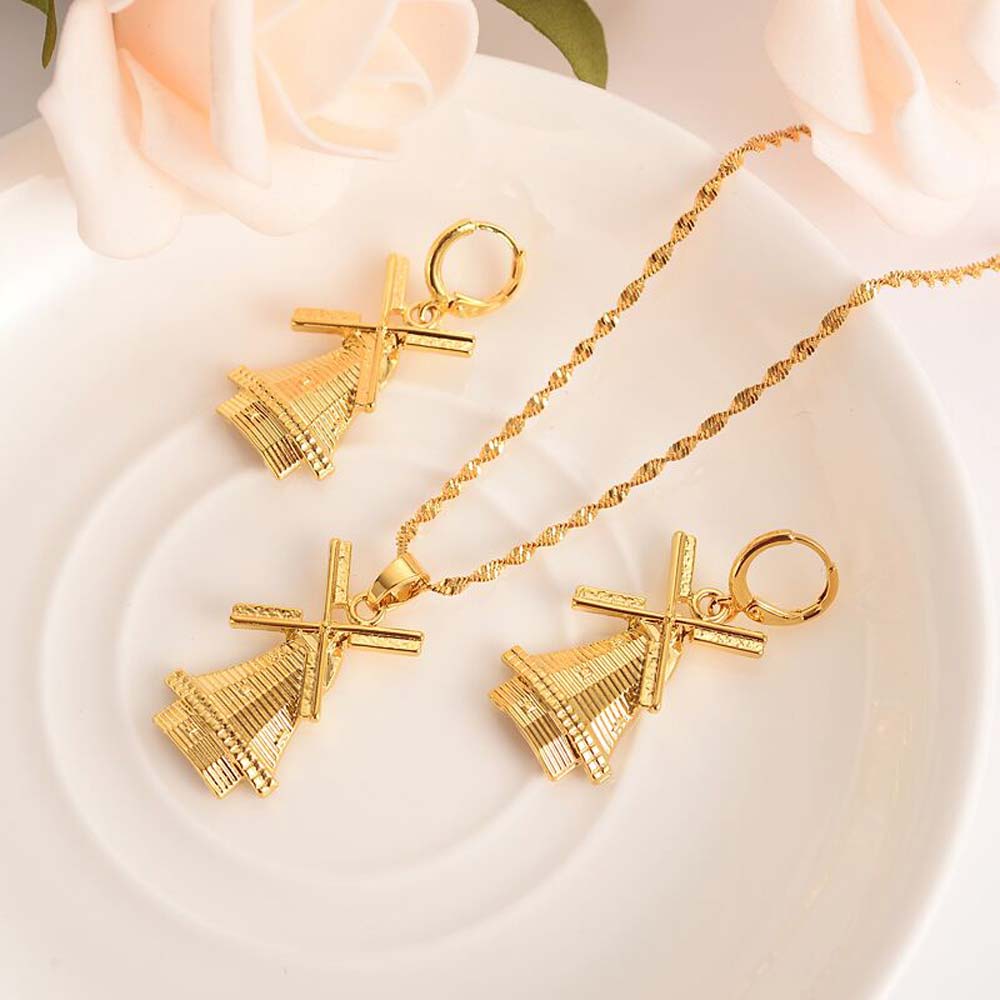 18 K Yellow Solid G/F Gold windmill Pendant Necklace earrings Holland Traditional party wedding bridal souvenir Jewelry Gift-image-677952523