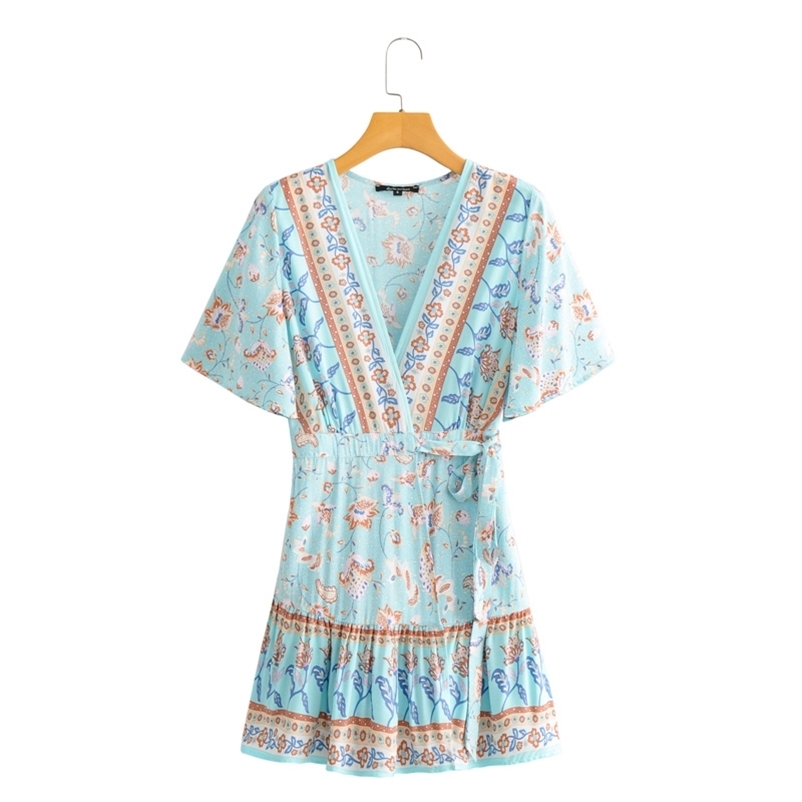 

Women summer ruffed pleated dress floral short sleeve v-neck lace up knee length Chic female A-line 210524, Sky blue