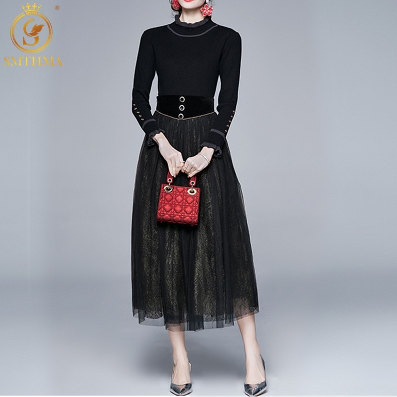 

Spring Autumn Women Stand Collar Knitted Sweater +Elegant High Waist Mesh Midi Two Piece Skirts Set 210520, Picture color