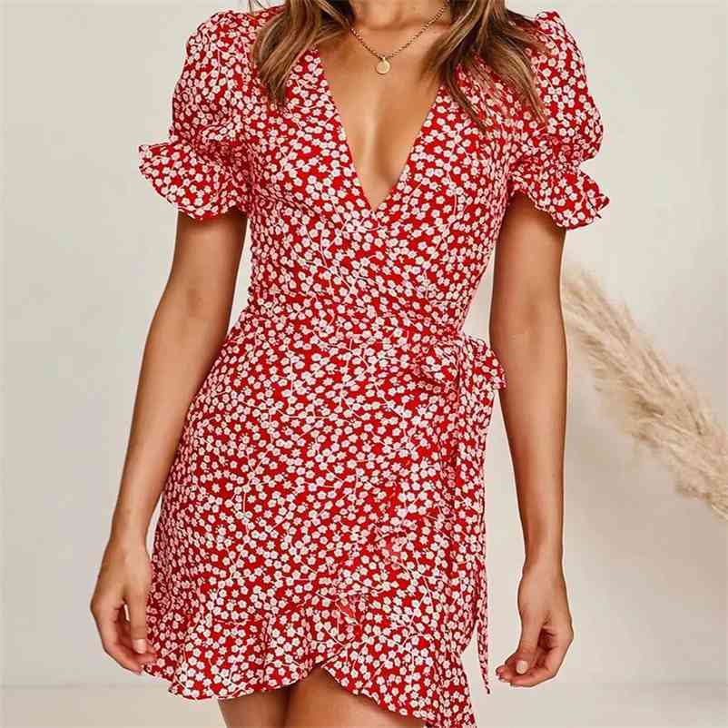 

Fashion women Dress V-neck Puff Sleeve Stacked Ruffle Printed chiffon female Slim summer dress 210524, Red