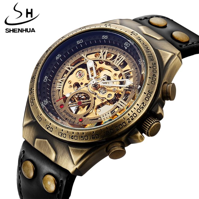 

Wristwatches Luxury Top Brand Automatic Watch Men Leather Band Vintage Steampunk Bronze Steel Sculpture Skeleton Mens Mechanical
