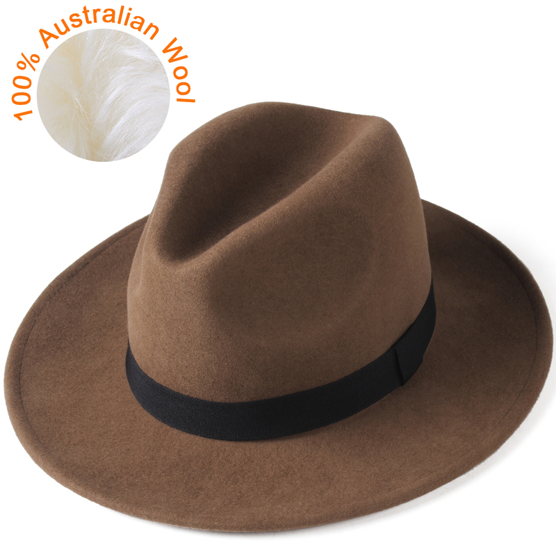 

FURTALK 100% Australian Wool Fedora Hat for Women Men Vintage Wide Brim Fedoras Felt Hat Jazz Couple Cap Black Grey Brown Hatg, Light brown