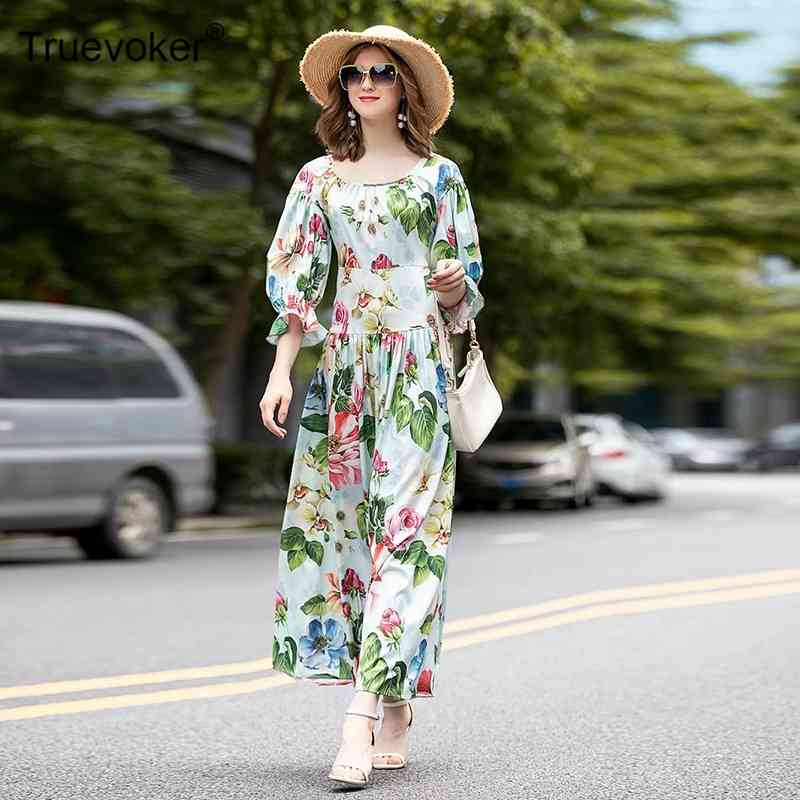 

Truevoker European Maxi Long Party Dres's Half Sleeves Colourful Flower Printed Ankle Length Resort 210602, Blue