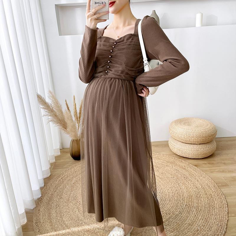 

Maternity Dresses 2021 Spring Autumn Fashion Style Long Sleeve Pregnant Women Dress Sweet Pregnancy Mesh V-neck Empire, White