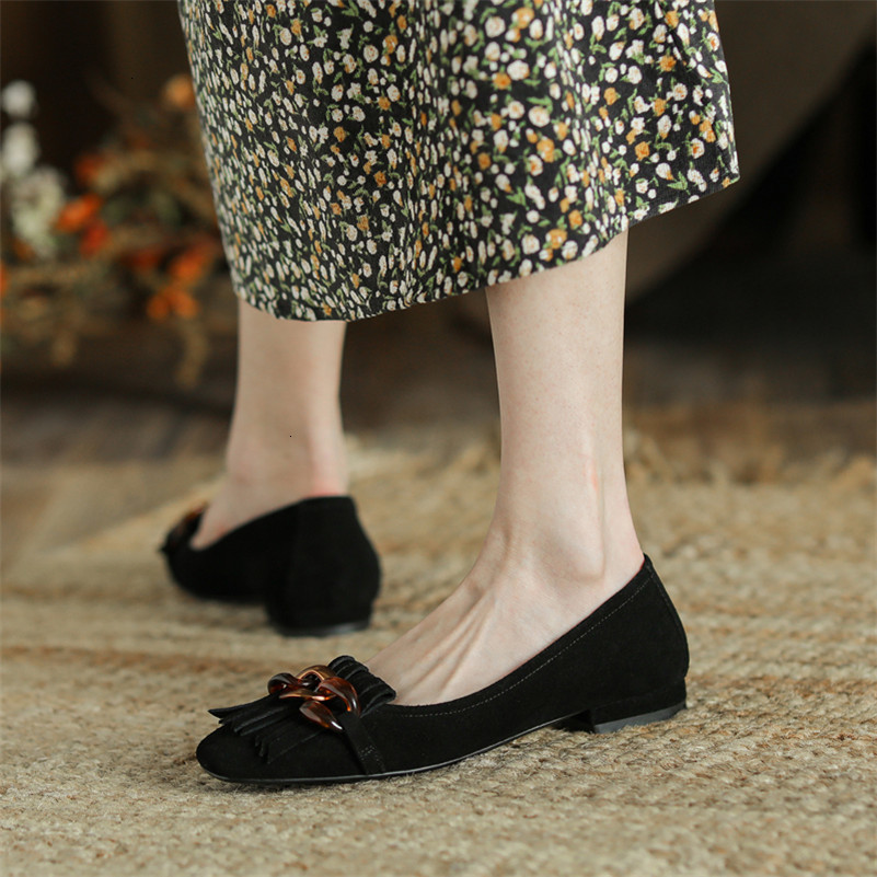 

women's genuine Dress leather Shoes shoes natural flat-footed square-toe fringe ladies black-size-40 spring P11A, 1# shoe box