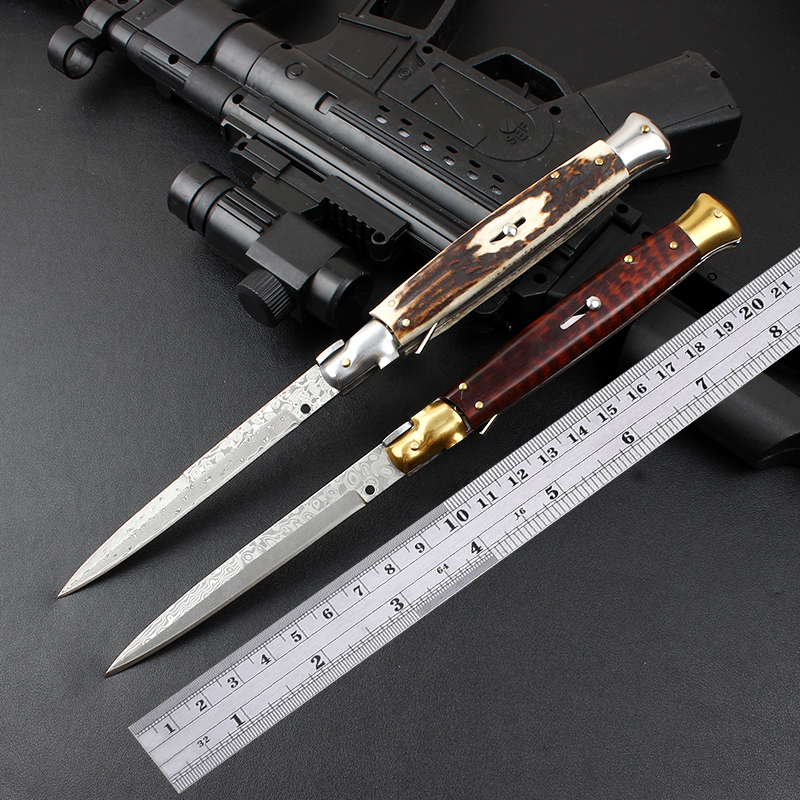 

Mafiosi field survival hunting AKC 11 inches Automatic knife Serpentine Wood/Antlers handle Damascus steel outdoor Knives Tools Easy to carry