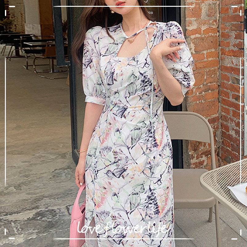 

Summer Short Sleeve French Vintage Midi Dress Women Floral Dress Korean Design Elegant Dress Female Office Lady 210521, Pink midi dress