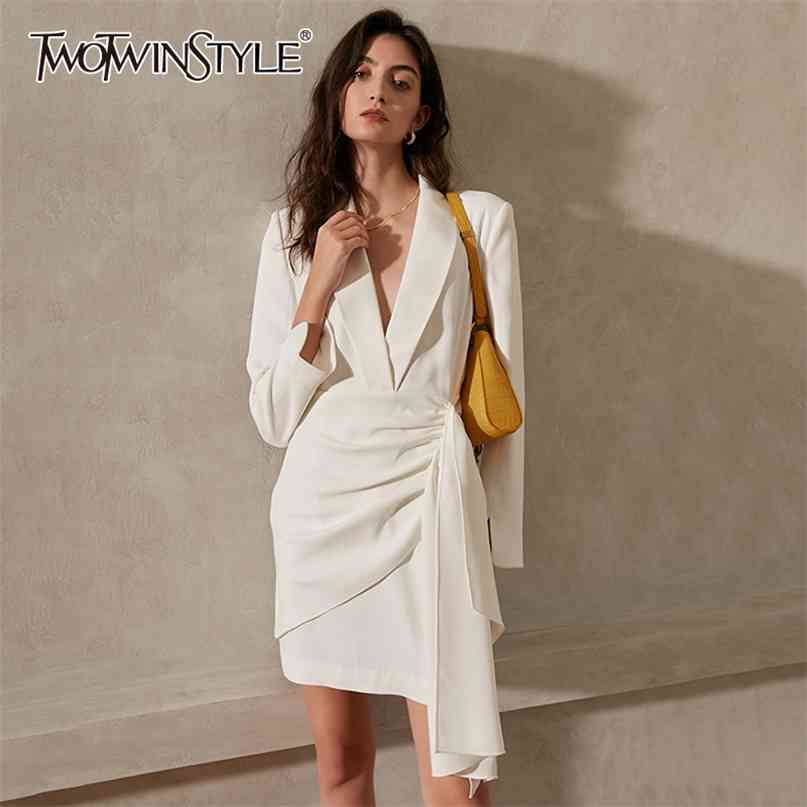 

Temperament White Dress For Women V Neck Long Sleeve High Waist Irregular Hem Ruched Mini Dresses Female Autumn 210520