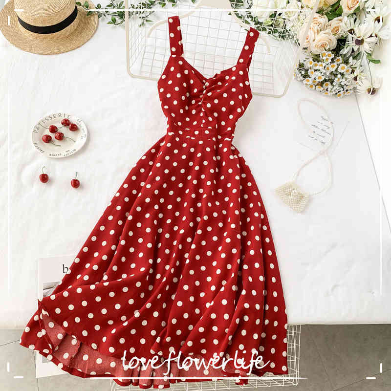 

Dot A-line High Waist Summer Dress Sexy Chiffon V Neck Vestidos Beach Style Elegant Korean Long Dresses 210521, Red