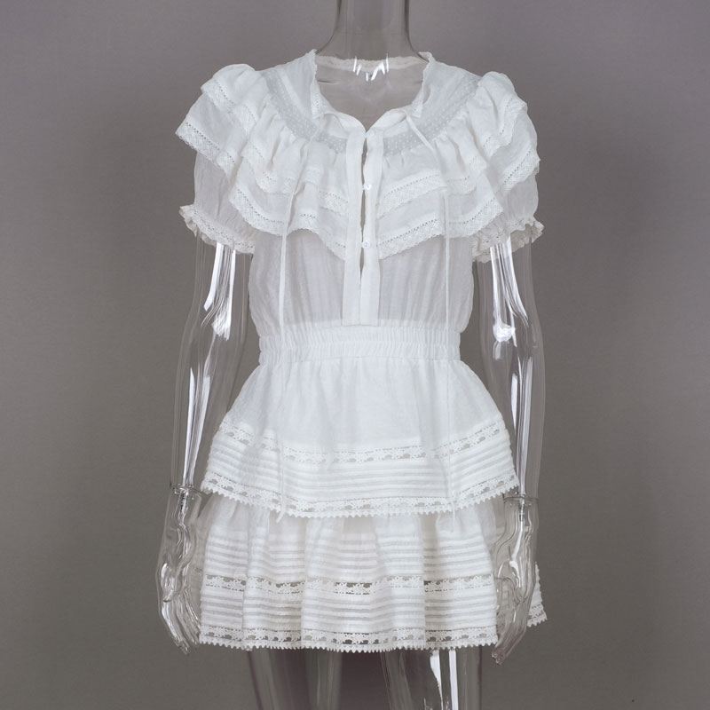 

2021High Quality 2021 Short Sleeve White Lace Patchwork Women Holiday and Beach Style Mini Dress, Like the pic